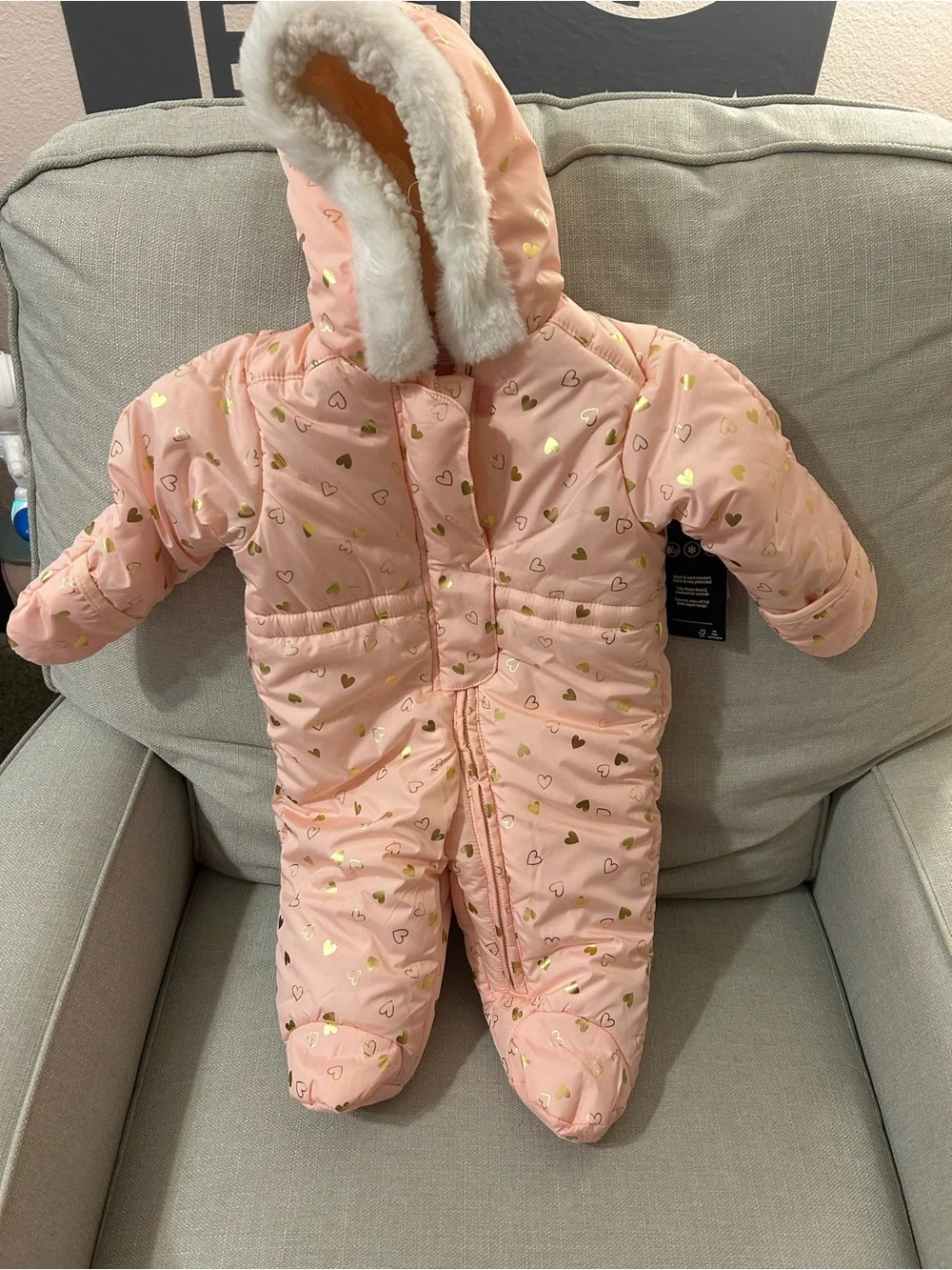 The Children's Place Pink Puffer Heart-Print Snowsuit with Faux-Fur Hood